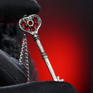 May include: A silver-colored heart-shaped pendant key with red gemstones. The key hangs from a delicate silver chain. The background is a gradient of red and black.