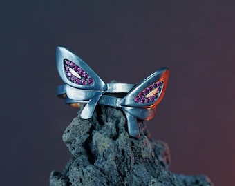 EKSKLUZYWNY Pierścień Clove Butterflies, ręcznie robiona biżuteria Valorant ze srebra próby 950, Unisex Pierścień sygnetowy do gier, Clove Valorant Cosplay Akcesorium