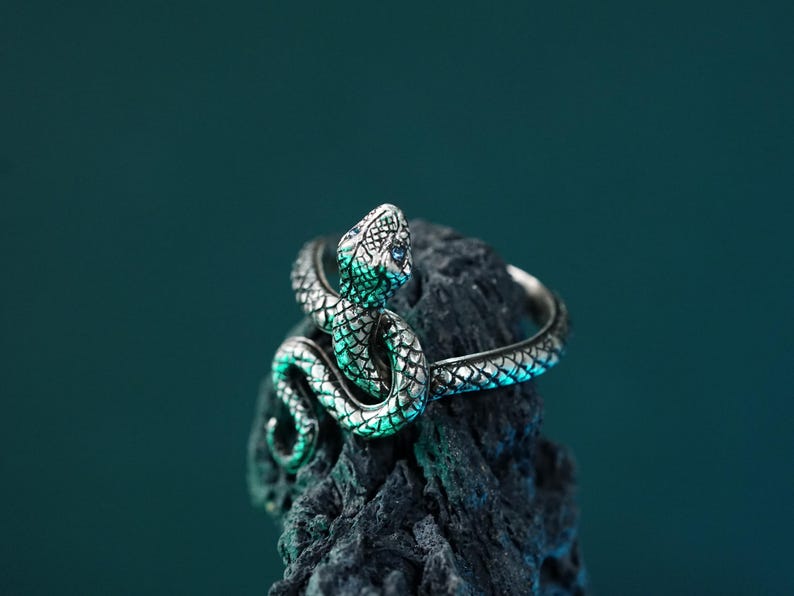 May include: A silver snake ring with a green and blue enamel finish. The ring is on a dark gray rock.