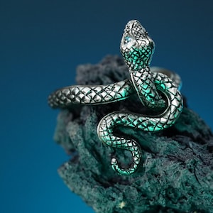 May include: A silver snake ring with a blue gemstone eye, coiled around a dark gray textured surface.