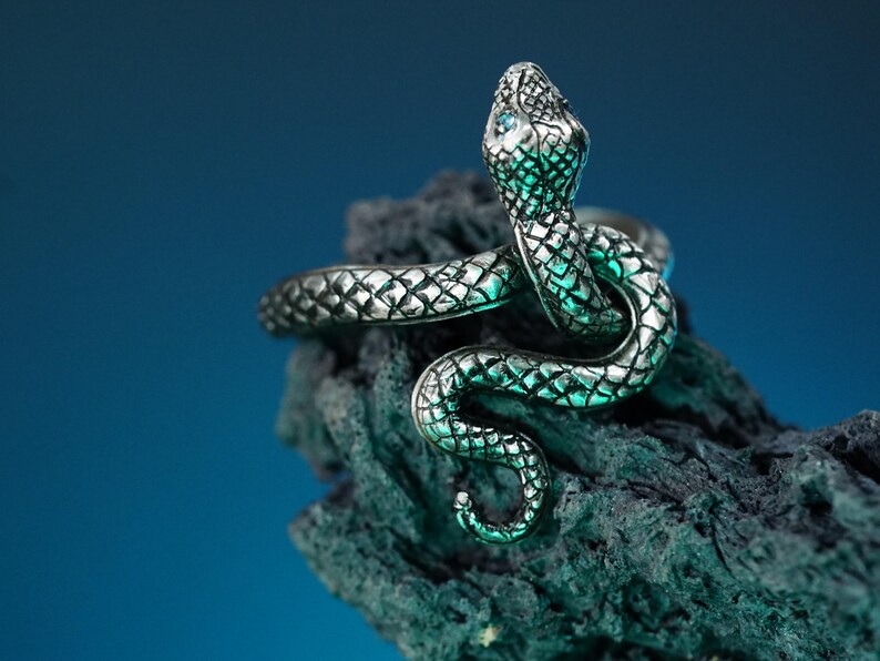 May include: A silver snake ring with a blue gemstone eye, coiled around a dark gray textured surface.