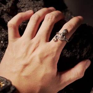 May include: A silver snake ring with a coiled body and a raised head. The ring is worn on the index finger of a hand.