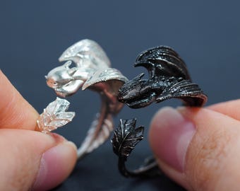 EXCLUSIVE How to Train Your Dragon Silver Ring, Adjustable Toothless & Light Fury Couple Jewelry, Fantasy Dragon Gift for HTTYD Fans