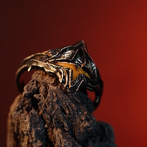 Puede incluir: Un anillo negro y dorado con un dise&ntilde;o detallado. El anillo est&aacute; colocado sobre un trozo de madera &aacute;spera de color marr&oacute;n oscuro.