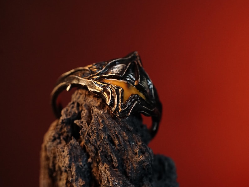 Puede incluir: Un anillo negro y dorado con un dise&ntilde;o detallado. El anillo est&aacute; colocado sobre un trozo de madera &aacute;spera de color marr&oacute;n oscuro.