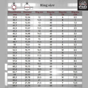 May include: A chart showing ring sizes in millimeters, US, UK, EU, and USA sizes. The chart includes circumference and diameter measurements in millimeters.