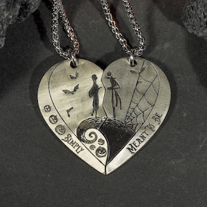 PREMIUM Handmade Jack Skellington and Sally Couple Necklace – Custom Name – 950 Silver – Meant To Be Jewelry