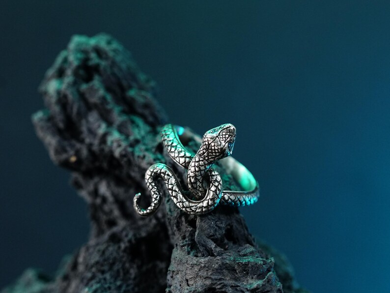 May include: A silver snake ring with a detailed design, resting on a dark gray rock against a blue background.