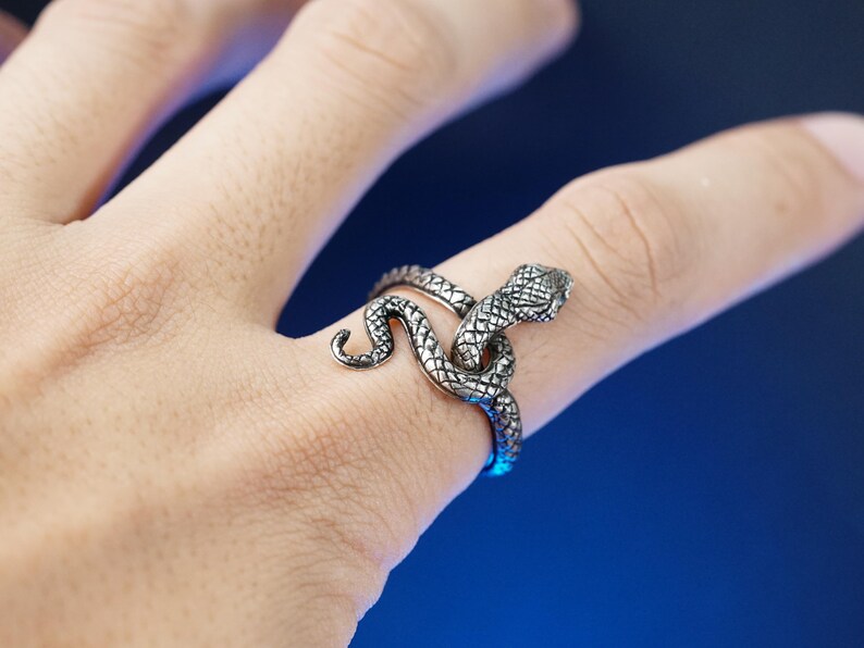 May include: A silver snake ring with a detailed design. The snake is coiled around the finger and the head is facing forward.