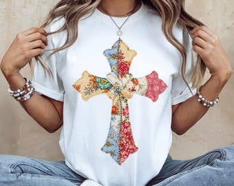 Faux Patchwork Cross png, christliches Shirt, Cross Sublimation Design, digitaler Download