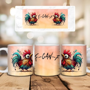 May include: White ceramic coffee mugs with a colorful cartoon rooster design. The rooster is red, blue, yellow, and green, with the text "F-CAW-F" on the mug. The background is a gradient of peach and white.