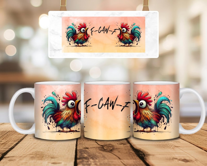 May include: White ceramic coffee mugs with a colorful cartoon rooster design. The rooster is red, blue, yellow, and green, with the text "F-CAW-F" on the mug. The background is a gradient of peach and white.