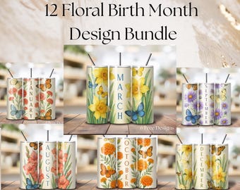 12 Floral Birth Month Tumbler PNG Bundle, Birth Month Tumbler, Flower Sublimation Design, Digital Download