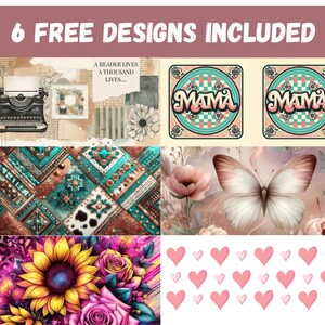 May include: A collection of six free designs. The designs include a vintage typewriter, floral arrangements, a butterfly, geometric patterns, and the word "MAMA" in a retro style, along with pink hearts.