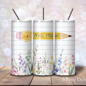 Personalized Teacher 20 oz Skinny Tumbler PNG, Teacher Sublimation Designs, Teacher Appreciation Tumbler Wrap, Digital Download