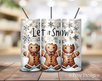 Let It Snow Gingerbread Man 20 Oz Skinny Tumbler Wrap, Christmas Sublimation Tumbler Design, Digital Download, Snowflake PNG design