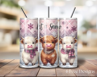Let It Snow Highland Cow 20 Oz Skinny Tumbler Wrap, Christmas Sublimation Tumbler Design, Digital Download, Snowflake PNG design