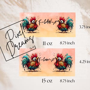 May include: Two mugs with a rooster design and the text "F-CAW-F". The mugs are 3.75 and 4.25 inches tall, and 8.75 inches wide. The mugs are 11 and 15 oz. capacity. The roosters are red, blue, and yellow.