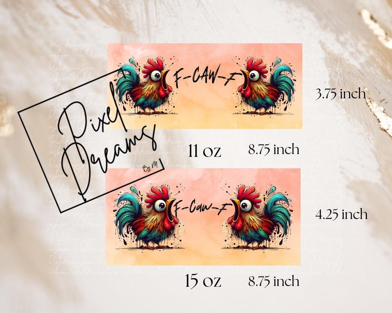 May include: Two mugs with a rooster design and the text "F-CAW-F". The mugs are 3.75 and 4.25 inches tall, and 8.75 inches wide. The mugs are 11 and 15 oz. capacity. The roosters are red, blue, and yellow.