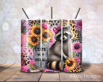 Cute But Feral Funny Raccoon 20 oz Skinny Tumbler Wrap, Trash Panda Raccoon, Sublimation Design, Digital Download PNG, Instant DIGITAL ONLY
