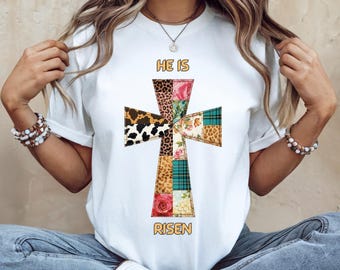 Faux Patchwork Er ist auferstandenes Kreuz png, Christian Shirt, Cross Sublimation Design, digitaler Download