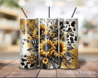 Sunflower & Cow Print Tumbler Wrap png, Rustic Sunflower Sublimation Design, Instant Digital Download