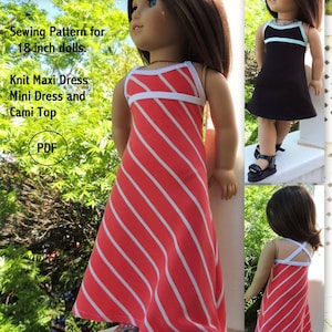May include: A sewing pattern for 18-inch dolls to make a knit maxi dress, mini dress, and cami top. The pattern is available as a PDF download. The image shows a doll wearing a red and white striped maxi dress.