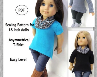 Könnte beinhalten: PDF-Schnittmuster zum Nähen eines asymmetrischen T-Shirts für 45,7 cm Puppen. Das Schnittmuster ist einfach zu befolgen und enthält Anweisungen zum Nähen eines blauen, grauen und schwarzen T-Shirts.