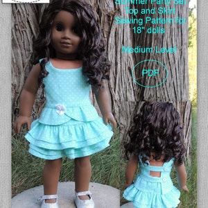 May include: A sewing pattern for a summer party set for 18 inch dolls. The set includes a top and skirt. The pattern is for a medium level of sewing skill. The pattern is available in PDF format. The image shows a doll wearing the finished outfit.