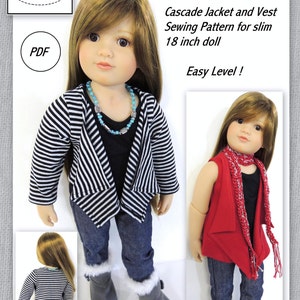 Può includere: Un cartamodello PDF per una giacca e un gilet a cascata per una bambola sottile da 45,7 cm. Il cartamodello è facile da seguire e include istruzioni per la giacca e il gilet. La bambola indossa una giacca a righe bianche e nere, un gilet rosso e jeans blu.