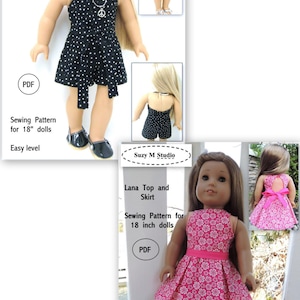 May include: Two sewing patterns for 18 inch dolls. The first pattern is for a black and white polka dot halter romper. The second pattern is for a pink and white floral top and skirt. Both patterns are available as PDFs.