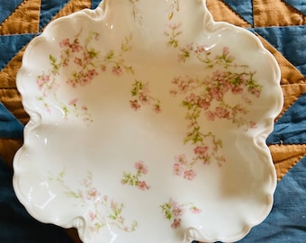 Haviland France Limoges Pink Floral Porcelain Round Scalloped Serving Bowl With Gold Leaf Accent