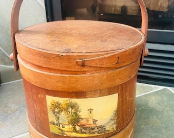 Antique Wooden Firkin with Handle-Pantry Box with Painted Countryside Scene, Primitive Farmhouse ecor