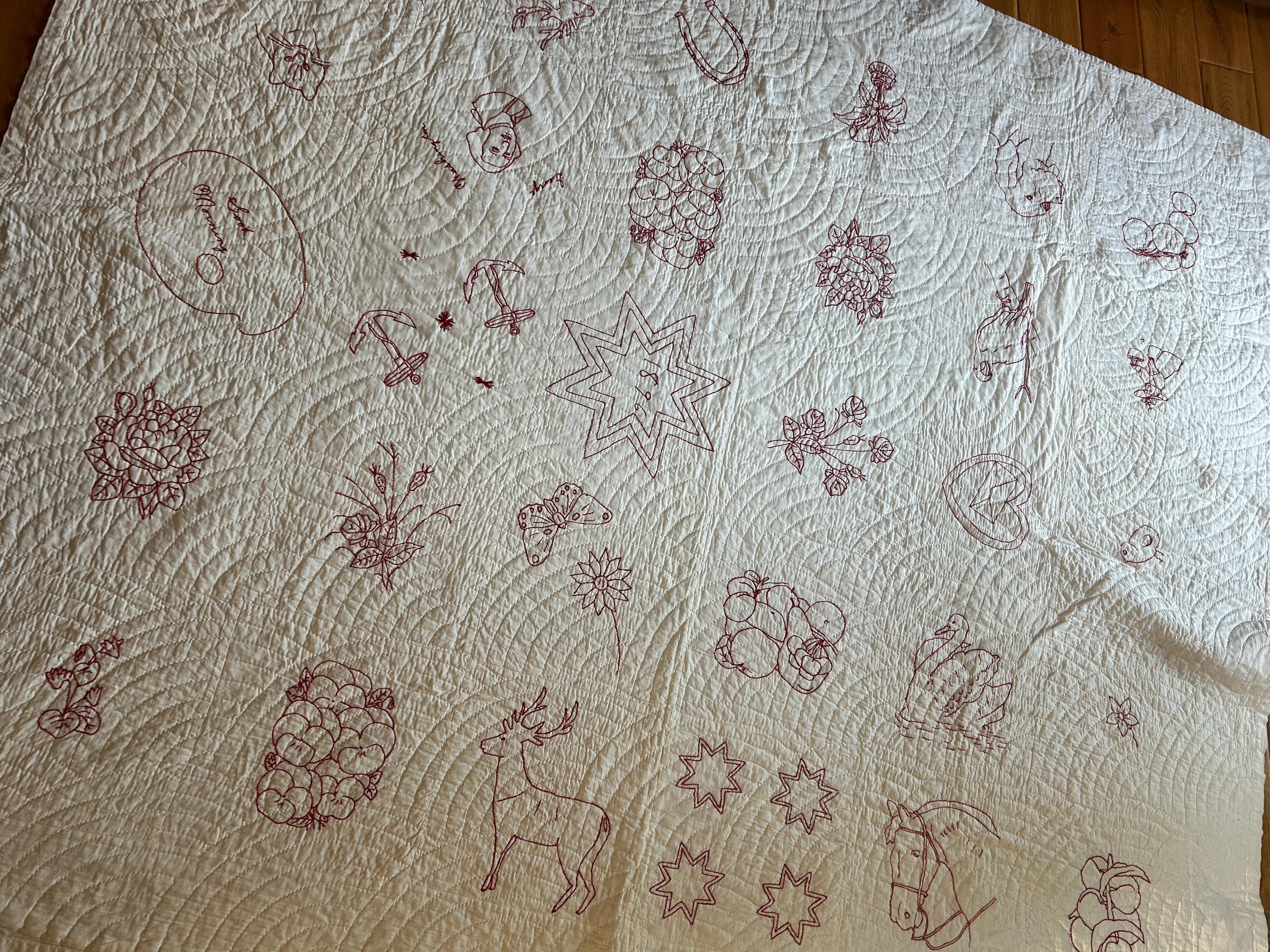 Vintage/Primitive red embroidered on white Quilt that was hand made and quilted in 1897