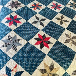 Eight Point Star Pattern Vintage Patriotic Handmade Quilt 78 by 78