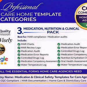 Può includere: Grafica blu e bianca che pubblicizza modelli per l'assistenza domiciliare. Presenta un sigillo "CQC Compliant Home Care Agency" e un elenco di elementi per pacchetti di farmaci, nutrizione e clinici.