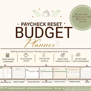 Könnte beinhalten: Digitaler Budgetplaner mit dem Titel "Paycheck Reset Budget Planner". Er enthält Abschnitte zur Ausgabenverfolgung, Schuldenrückzahlung und Finanzzielen. Sofortiger Download und druckbare Nutzung.