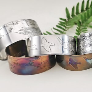 steel raven, rook, bird on wing or tree cuff, steel bracelet
