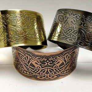 Celtic dragon cuff, bracelet with Norse dragon design, steel, brass and copper cuff