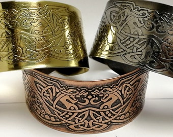 Celtic dragon cuff, bracelet with Norse dragon design, steel, brass and copper cuff