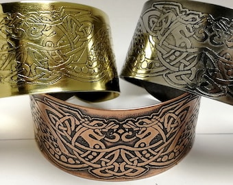 Etched Celtic Dragon Cuff: Steel, Brass & Copper Norse Bracelet