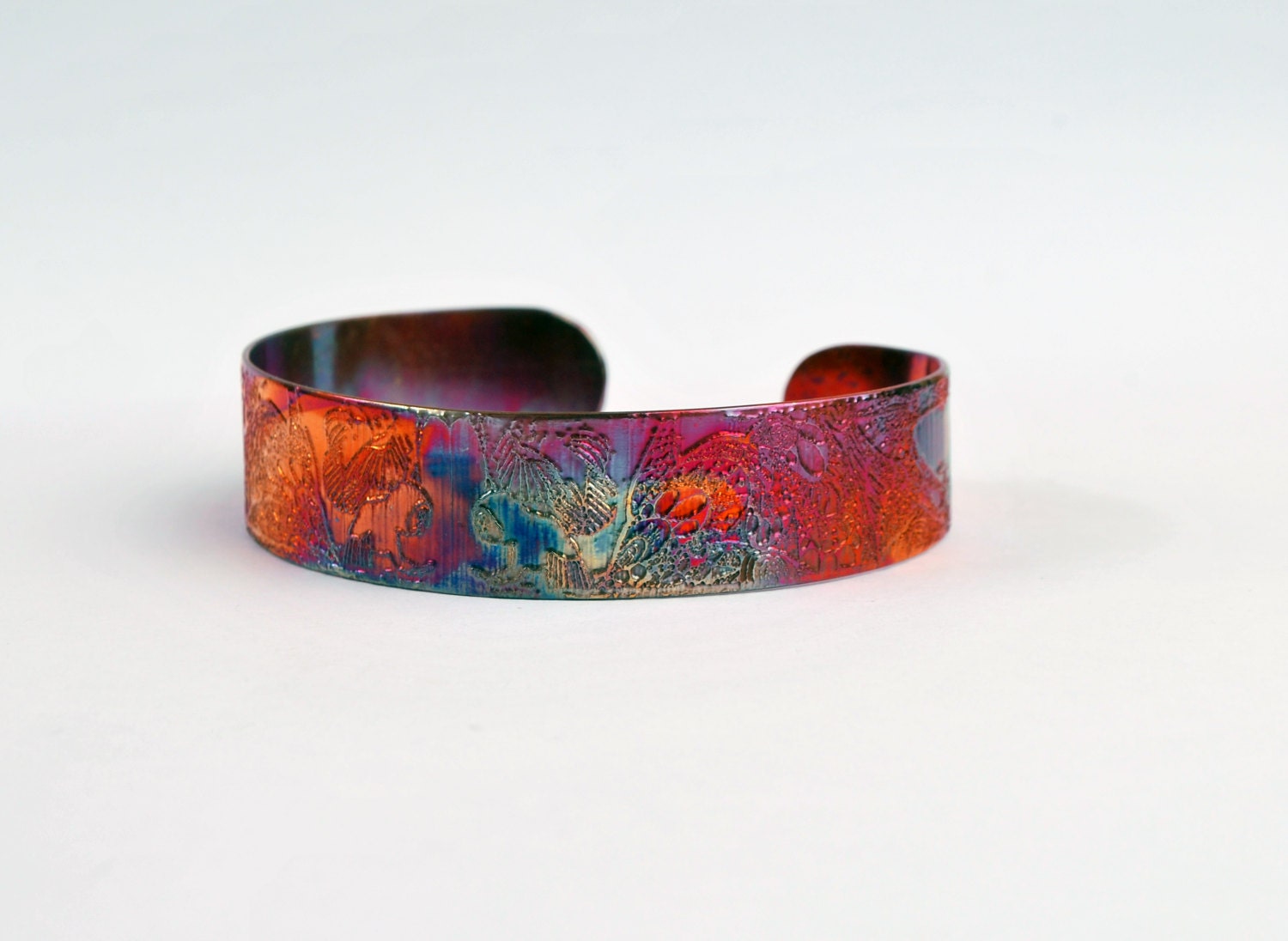 Etched Copper Cuff Bracelet - Owl design - slim size bangle