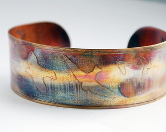 Etched Copper Cuff Bracelet -  Bird on Wing design - medium size