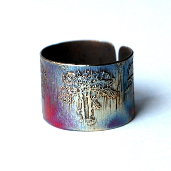 Etched Copper Tree Ring - Adjustable size, forest ring