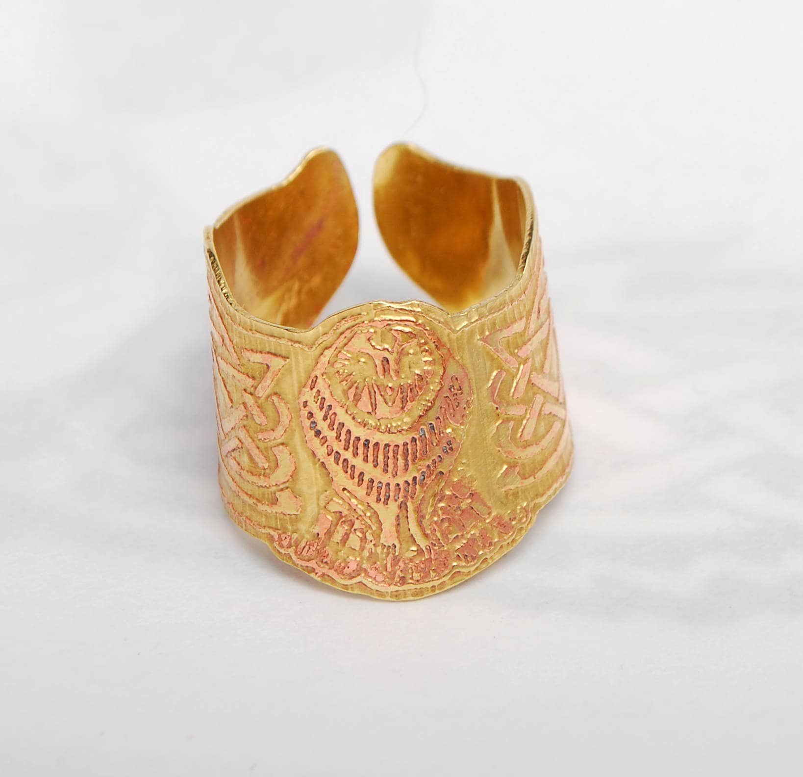 Brass Owl Ring: Celtic Design, Adjustable Bird Ring