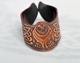 Copper owl ring, Celtic wedding band, symbol of goddess Athene