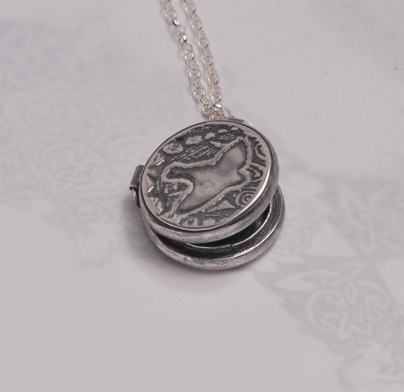 Silver Bird locket, small locket pendant, bird on wing, flying birds, flat silver locket, sterling silver locket, round pillbox necklace image 4