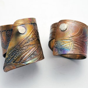 Copper etched silver riveted ring