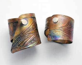 Copper etched silver riveted ring