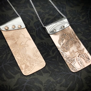 Copper and silver Magpie or owl necklace
